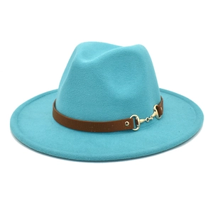 Close-up of sky blue wool felt fedora featuring a brown leather band and gold metal buckle