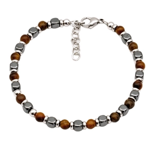 Tiger eye and hematite beaded bracelet with adjustable silver lobster clasp for men