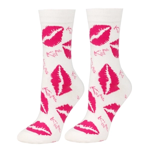 Detail of white cotton crew socks featuring pink kiss lips and KISS ME knitted pattern