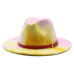 Chic rainbow tie-dye wool fedora hat with flat brim and red buckled leather band