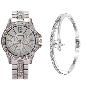 Silver Geneva crystal watch with matching star bangle bracelet set for women