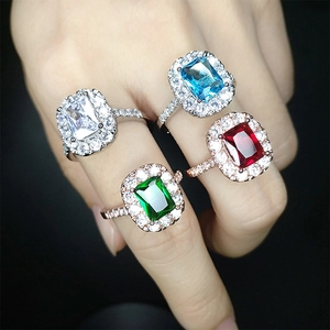 Adjustable silver rings with colorful square gemstones and sparkling pave diamonds