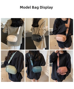 Detailed view of women small round crossbody bag with multi-layer zippers and wide strap