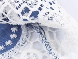 Detailed close-up of white lace patchwork on a dark blue elegant short blazer jacket
