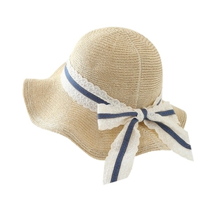 Women's summer wide brim straw sun hat with elegant lace bow ribbon decoration