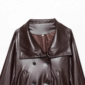 Women's dark brown faux leather jacket with double-breasted buttons and lapel collar