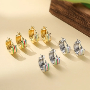 Copper Striped Hoop Earrings Rainbow Colorful Enamel Huggie Earrings For Women Bohemian Gold Silver Plated Jewelry Gift
