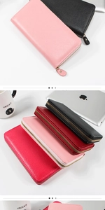 Vertical display of multi-color long zip-around wallets in litchi grain leather texture