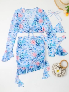 Four-piece floral print bikini set with mesh long sleeve cover-up and ruffled mini skirt