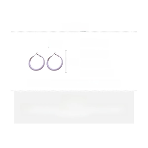Detail view of 4cm purple circular hoop earrings with silver needles on white backdrop