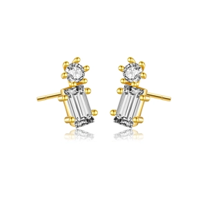 Elegant gold S925 silver stud earrings with round and rectangular zircon stones