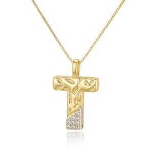 Golden cross necklace with artistic texture and sparkling white zircon inlays on white background