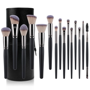 Professional 15pcs matte black makeup brush set with purple tips and leather holder