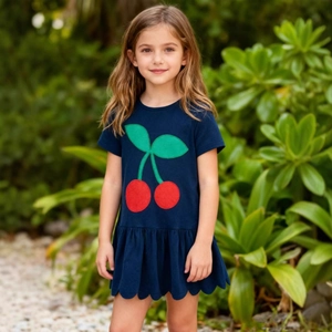 Girls Short Sleeve Cotton Knit Dress With Red Cherry Applique Navy Blue Round Neck Scalloped Hem Summer Daily Outfit