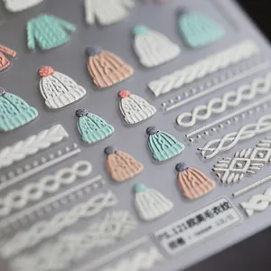 3D embossed winter sweater texture nail art stickers with knit patterns and beanies