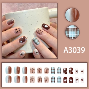 Brown plaid cat and bear press-on nails set with 24 pieces in Morandi tones