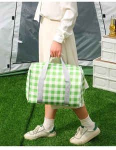 Grün-weiß karierte isolierte Picknicktasche mit grauen Tragegriffen in Outdoor-Umgebung