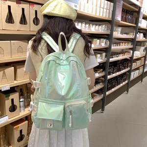 Student backpack in laser holographic mint green with large capacity and stylish buckles