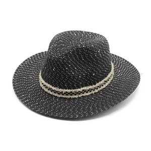 Classic black straw fedora hat with gold accents and a stylish checkered ribbon band