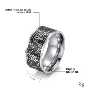 Macro detail of Tree of Life and Celtic knot pattern on 10mm wide stainless steel ring