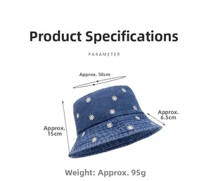 Detail of daisy embroidery on denim bucket hat showing dimensions and stitch quality