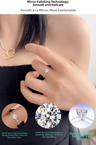 Close-up of six-prong setting Moissanite ring with side accent stones and polished finish
