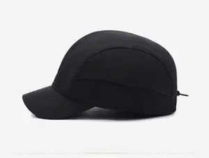 Side view of black quick-dry baseball cap with short brim and adjustable drawcord
