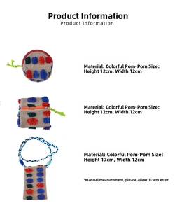Size chart showing colorful pompom storage bags with dimensions for round and square styles