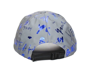 Detailed back view of grey baseball cap with blue metallic graffiti and adjustable strap