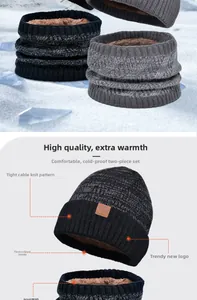 Detailed view of the thick fleece lining and cable knit texture on winter hat and scarf