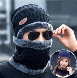 Men Winter Knit Hat And Neck Scarf Fleece Lined Thick Warm Windproof Outdoor Beanie Neck Gaiter