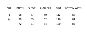 Detailed size chart for lace patchwork blazer showing length bust and sleeve measurements