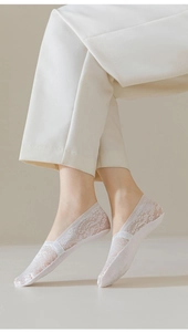 Close-up of white floral lace pattern and breathable mesh texture on women's low-cut socks