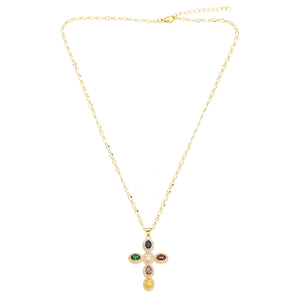 Gold necklace with cross pendant featuring multicolored zircon gemstones on white background