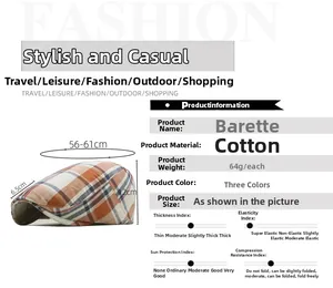 Size specifications for the cotton plaid beret cap with adjustable strap and measurements