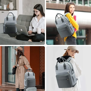 Deep and light gray patchwork backpack showing laptop use, travel, and campus scenes