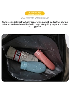 Detail view of the waterproof wet and dry separation pocket for travel fitness bag