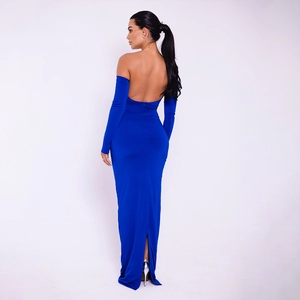 Detailed back view of a blue slim-fit dress with an open back and a high slit hemline