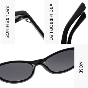 Detail view of secure metal hinges and arc temple legs on black cat eye sunglasses