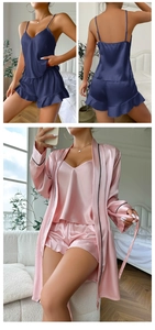 Detail of three-piece ice silk pajama set featuring contrasting piping and ruffled shorts
