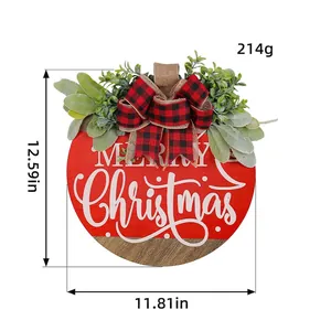 Merry Christmas round wooden wreath door sign with red wood finish and buffalo plaid bow