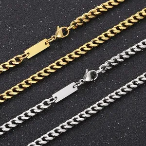 Cuban Link Chain Necklace Bracelet Stainless Steel Blank Rectangular Tag Hip Hop Fashion Jewelry For Men