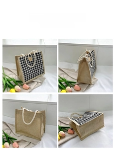Multi-angle view of houndstooth tote bag featuring rope handles and linen texture