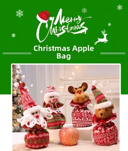 Detail of knitted Christmas gift bags with Santa, snowman, and reindeer character designs