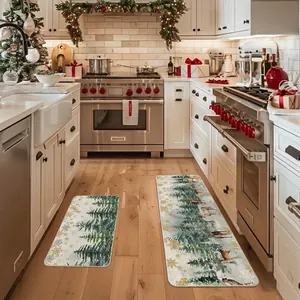 Detailed view of Christmas themed kitchen rug set with deer and snowflake patterns