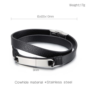 Detail view of double-layer black leather bracelet with dimensions and weight data