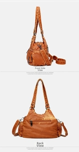 Macro detail of brown vintage faux leather handbag showing side pockets and zipper
