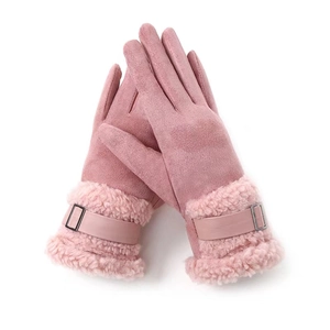 Close-up of pink thermal suede gloves with faux fur cuffs and metal buckle detail