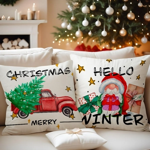 Close-up of red truck and gnome patterns on festive linen Christmas pillowcases