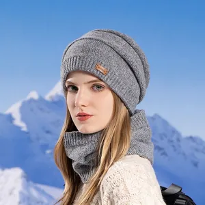 Ensemble bonnet et tour de cou tricotés gris pour femme pour l'hiver et le plein air